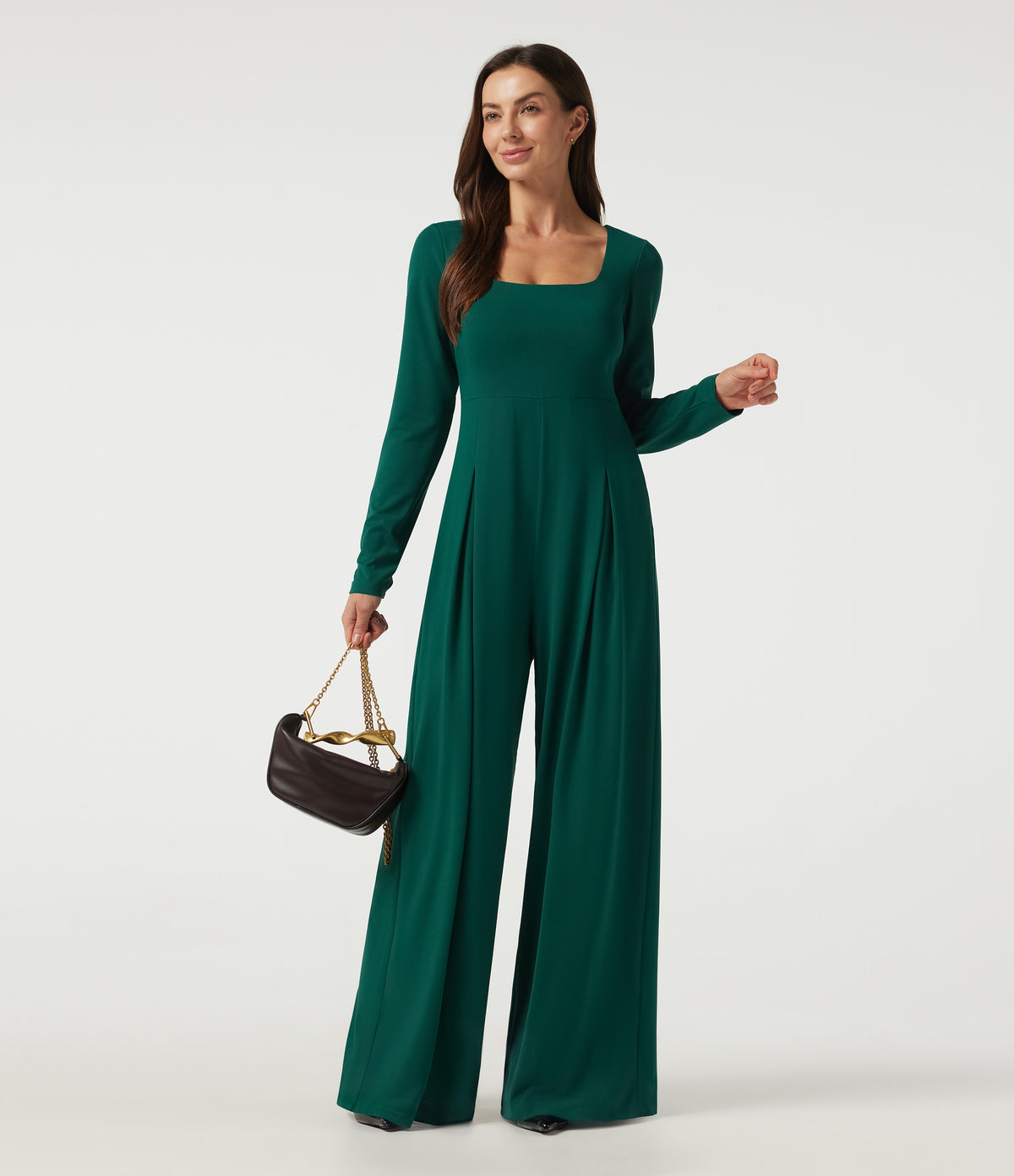 Square Neck Long Sleeve Built-in Bra Wide Leg Casual Jumpsuit with Pockets-Edition — Rain Forest — view 7