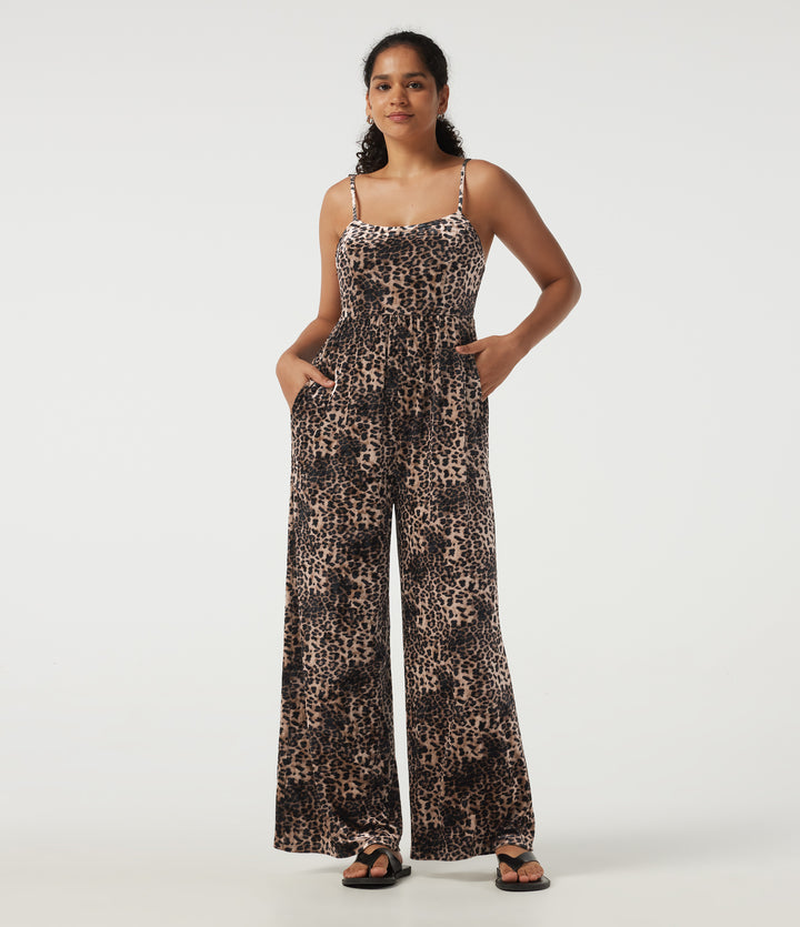 U Neck Sleeveless Leopard Print Velvet Casual Jumpsuit with Pockets — Black Coffee Leopard Print — view 1