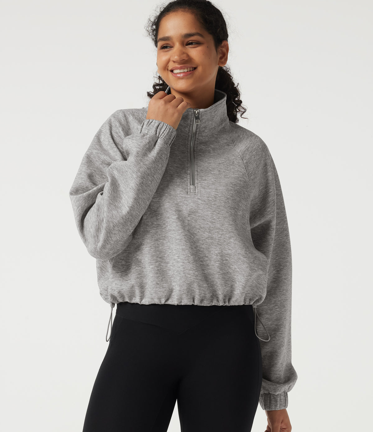 Mock Neck Long Sleeve Drawstring Casual Sweatshirt — Fog Gray — view 1