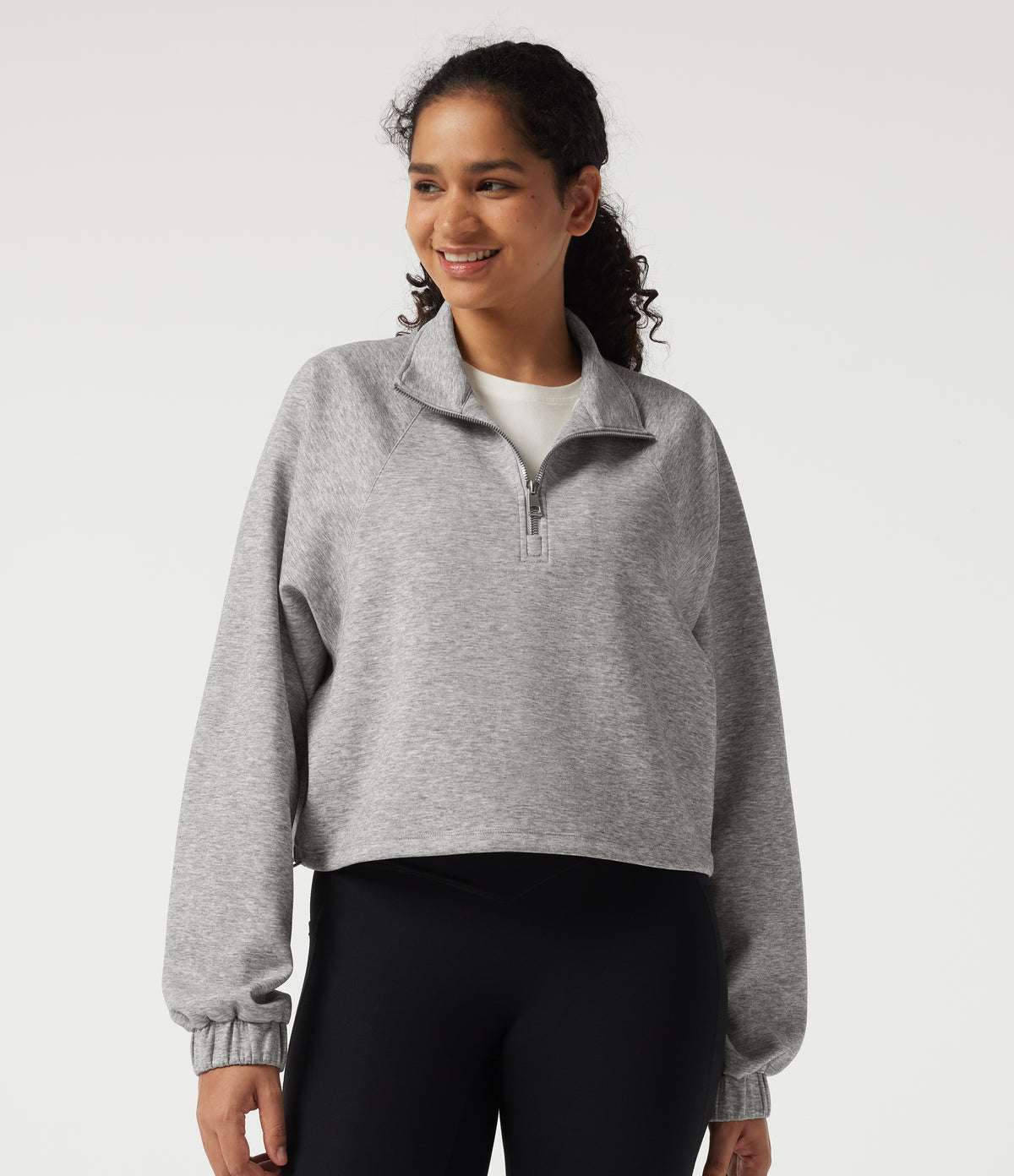 Mock Neck Long Sleeve Drawstring Casual Sweatshirt — Fog Gray — view 4