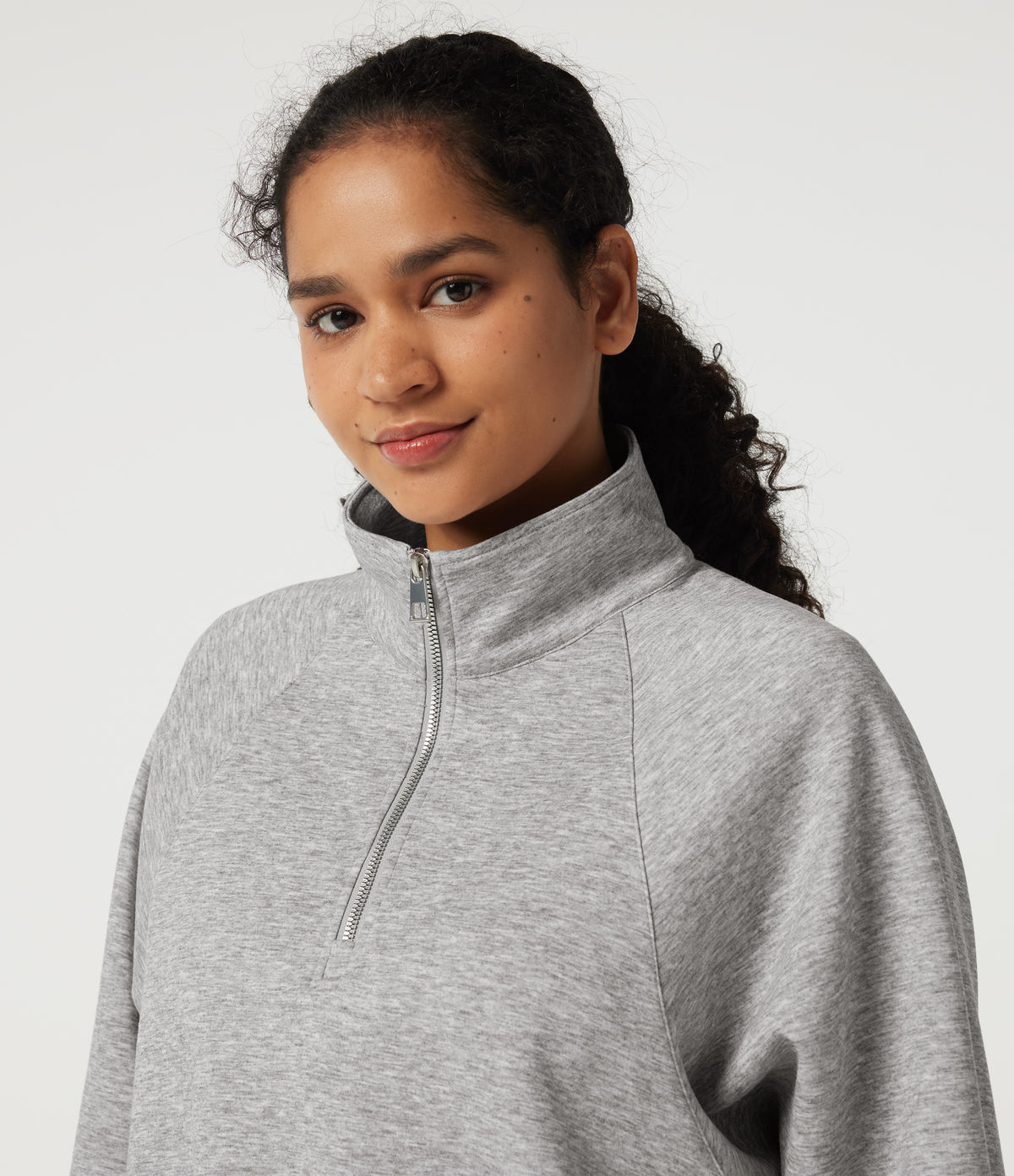 Mock Neck Long Sleeve Drawstring Casual Sweatshirt — Fog Gray — view 6