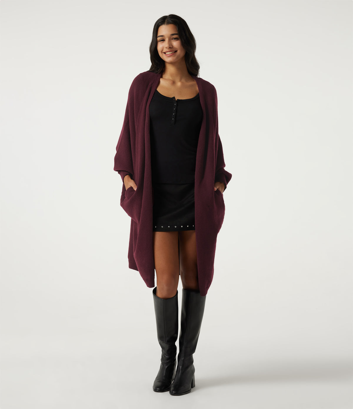 Raglan Long Sleeve Casual Cardigan with Pockets — Mulled Night — view 1