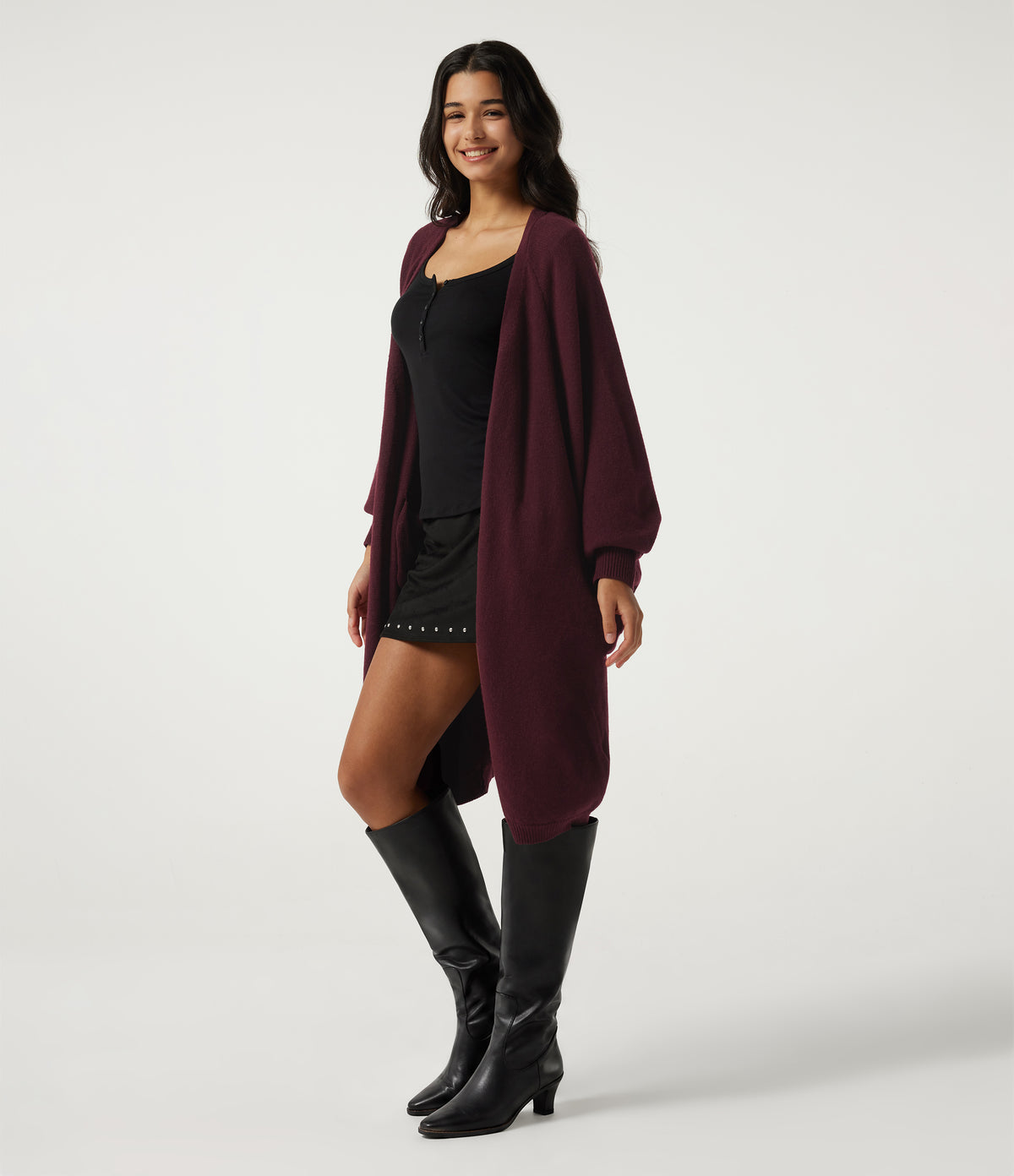 Raglan Long Sleeve Casual Cardigan with Pockets — Mulled Night — view 3