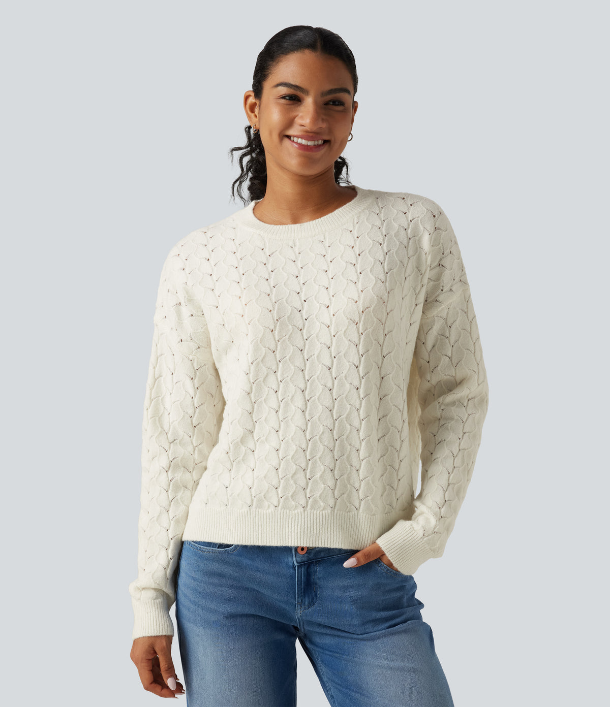 Round Neck Long Sleeve Causal Jumper — Marshmallow — view 1