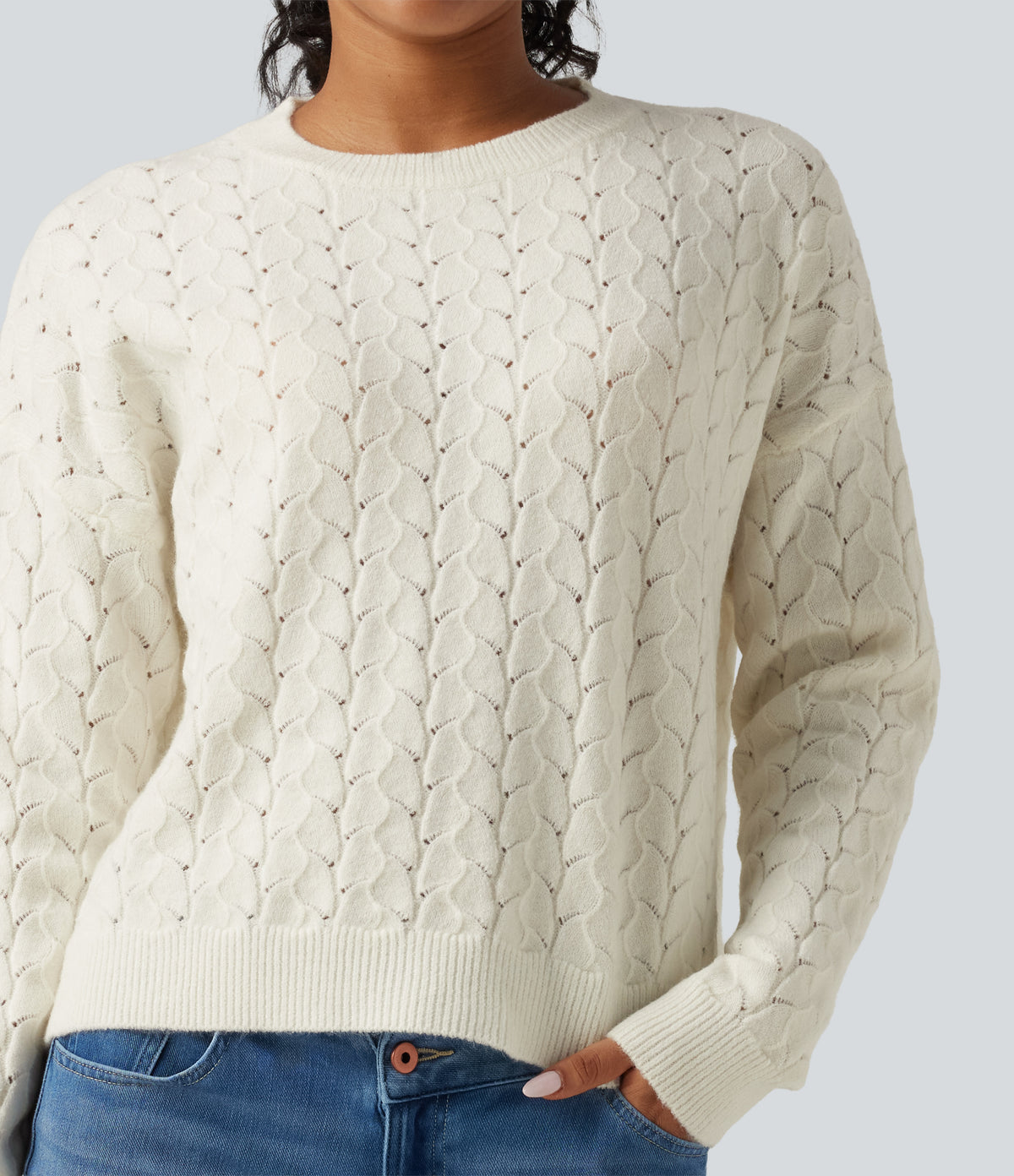 Round Neck Long Sleeve Causal Jumper — Marshmallow — view 5