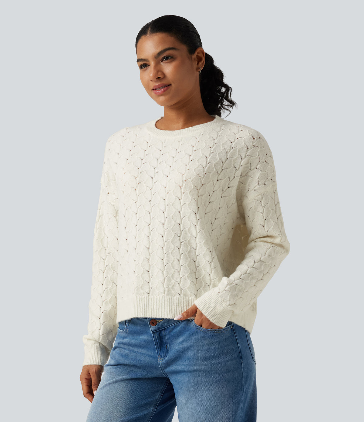 Round Neck Long Sleeve Causal Jumper — Marshmallow — view 3