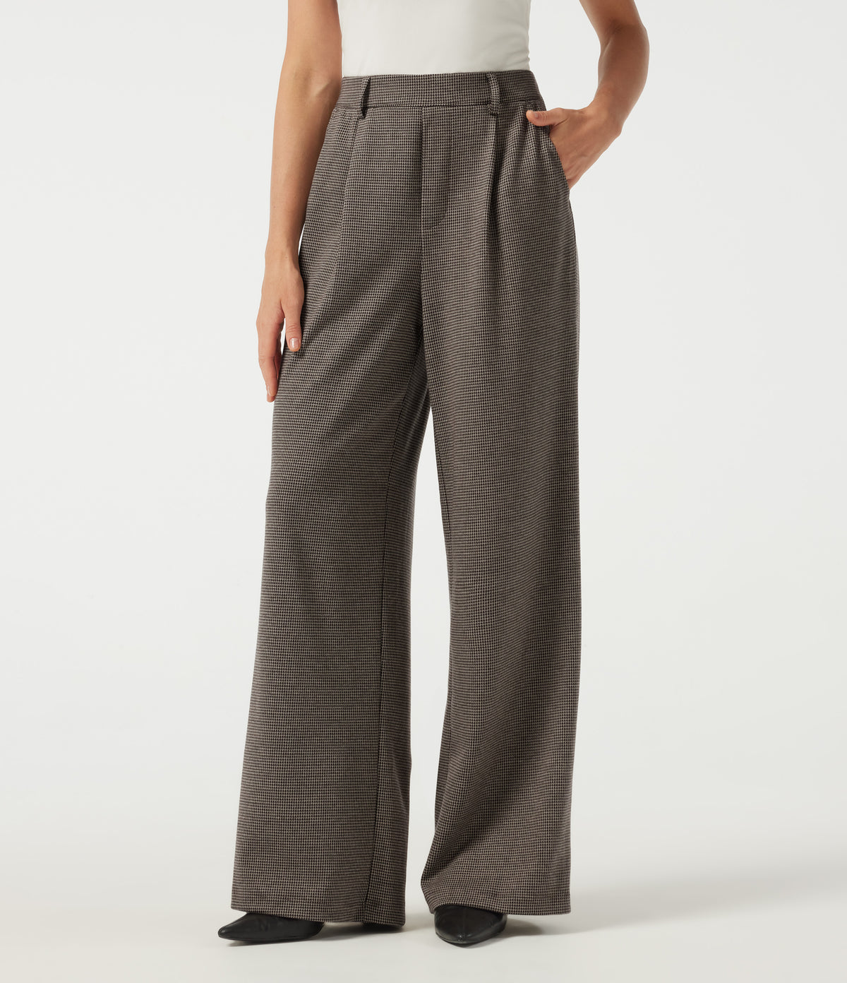 High Waisted Wide Leg Houndstooth Work Trousers with Pockets — Urban Marl — view 1
