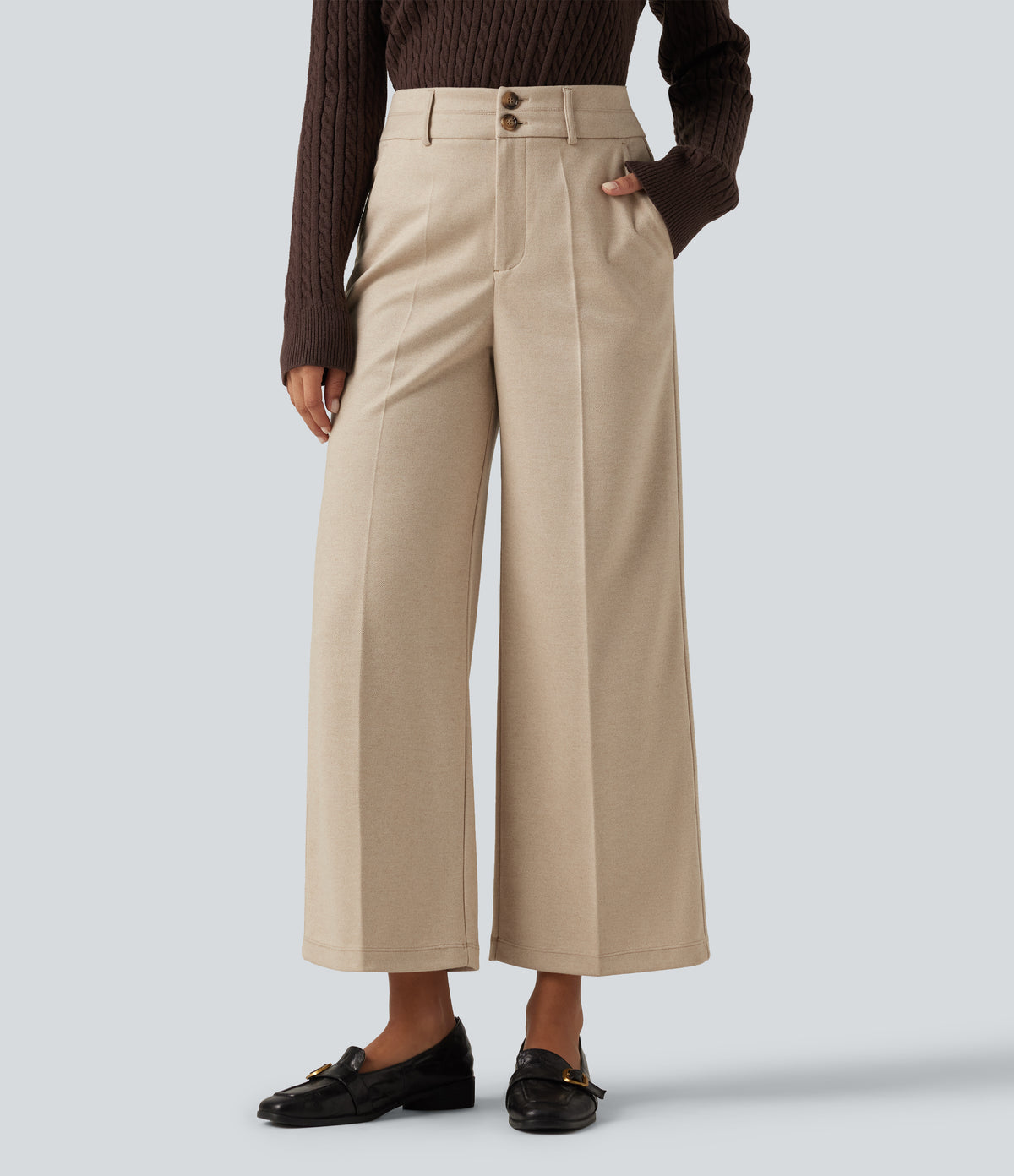 High Waisted Straight Leg Work Trousers with Pockets — Flaxen Beige — view 6