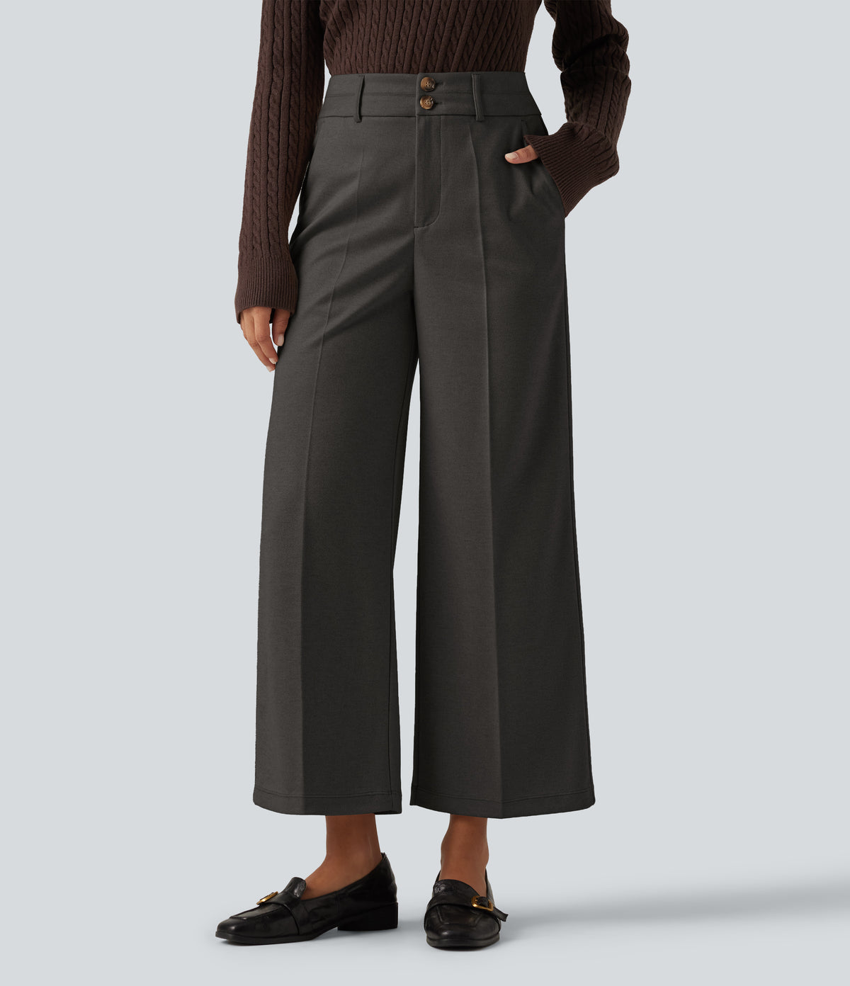 High Waisted Straight Leg Work Trousers with Pockets — Smoked Stone — view 1