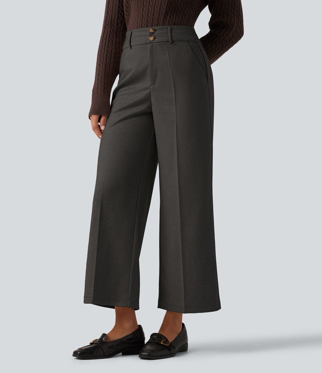 High Waisted Straight Leg Work Trousers with Pockets — Smoked Stone — view 3