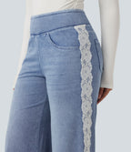 High Waisted Contrast Lace Wide Leg Casual Cotton Jeans with Pockets — Powder Blue Denim — view 6
