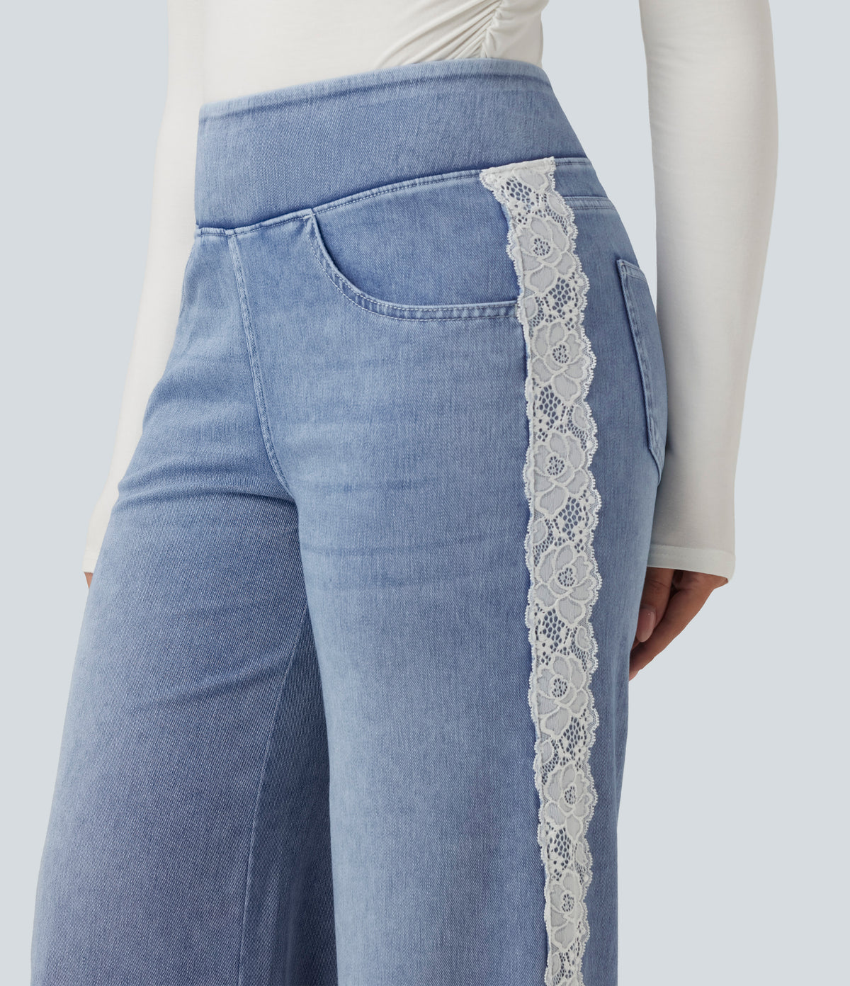 High Waisted Contrast Lace Wide Leg Casual Cotton Jeans with Pockets — Powder Blue Denim — view 6