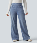 High Waisted Contrast Lace Wide Leg Casual Cotton Jeans with Pockets — Powder Blue Denim — view 3