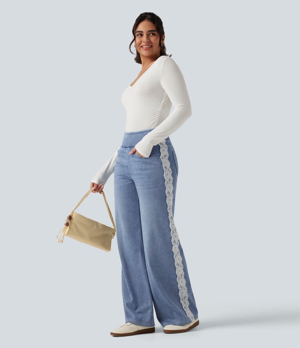 High Waisted Contrast Lace Wide Leg Casual Cotton Jeans with Pockets — Powder Blue Denim — view 8