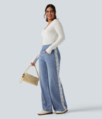 High Waisted Contrast Lace Wide Leg Casual Cotton Jeans with Pockets — Powder Blue Denim — view 8