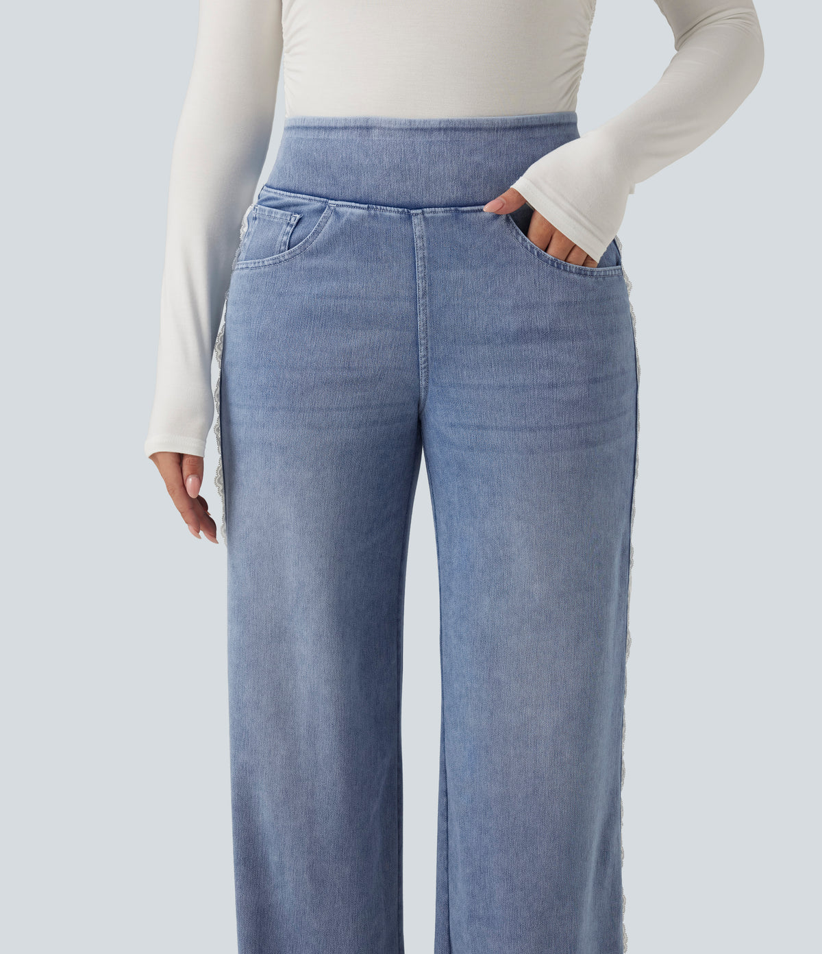 High Waisted Contrast Lace Wide Leg Casual Cotton Jeans with Pockets — Powder Blue Denim — view 4