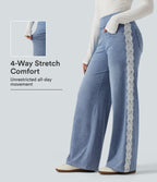 High Waisted Contrast Lace Wide Leg Casual Cotton Jeans with Pockets — Powder Blue Denim — view 1