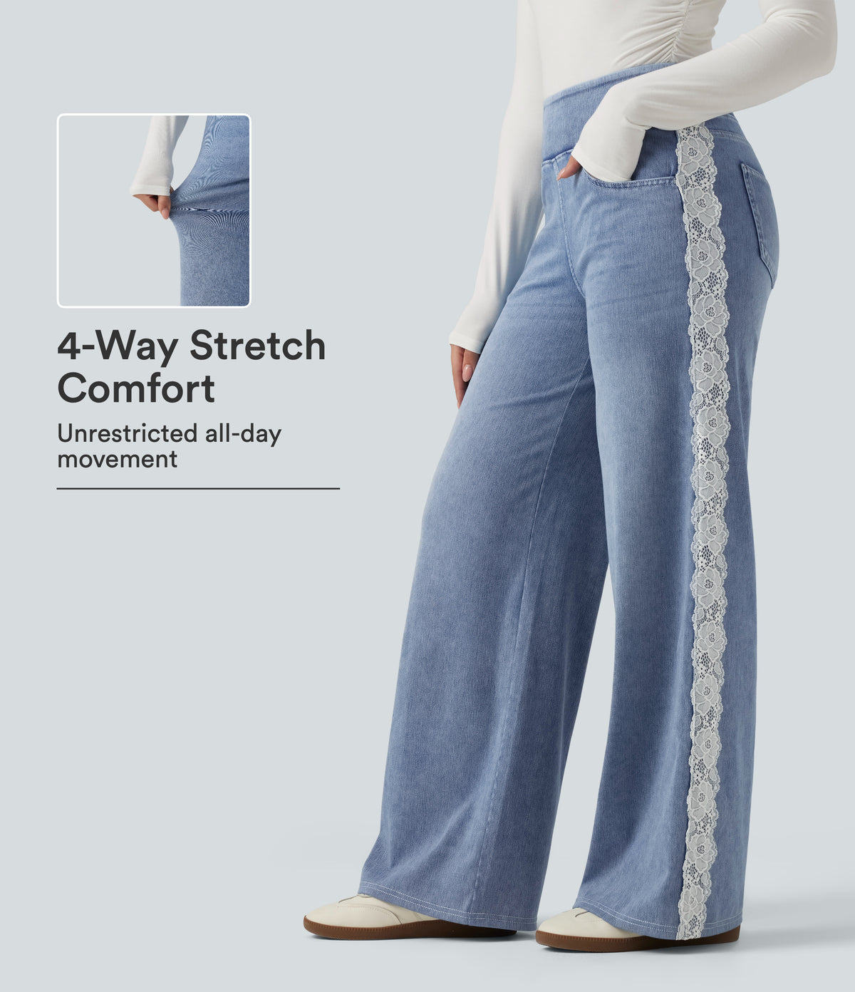 High Waisted Contrast Lace Wide Leg Casual Cotton Jeans with Pockets — Powder Blue Denim — view 1