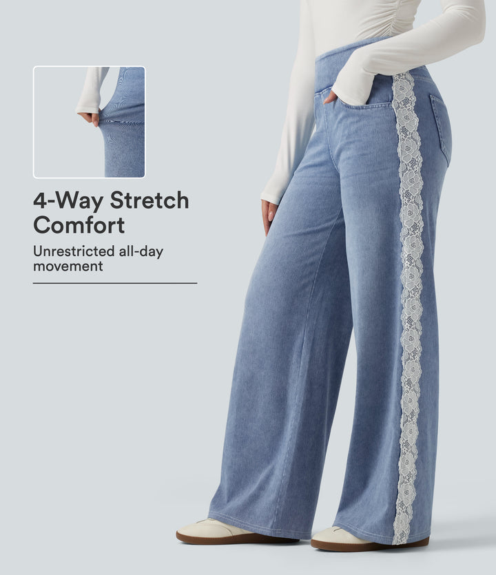 High Waisted Contrast Lace Wide Leg Casual Cotton Jeans with Pockets — Powder Blue Denim — view 1