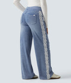 High Waisted Contrast Lace Wide Leg Casual Cotton Jeans with Pockets — Powder Blue Denim — view 2
