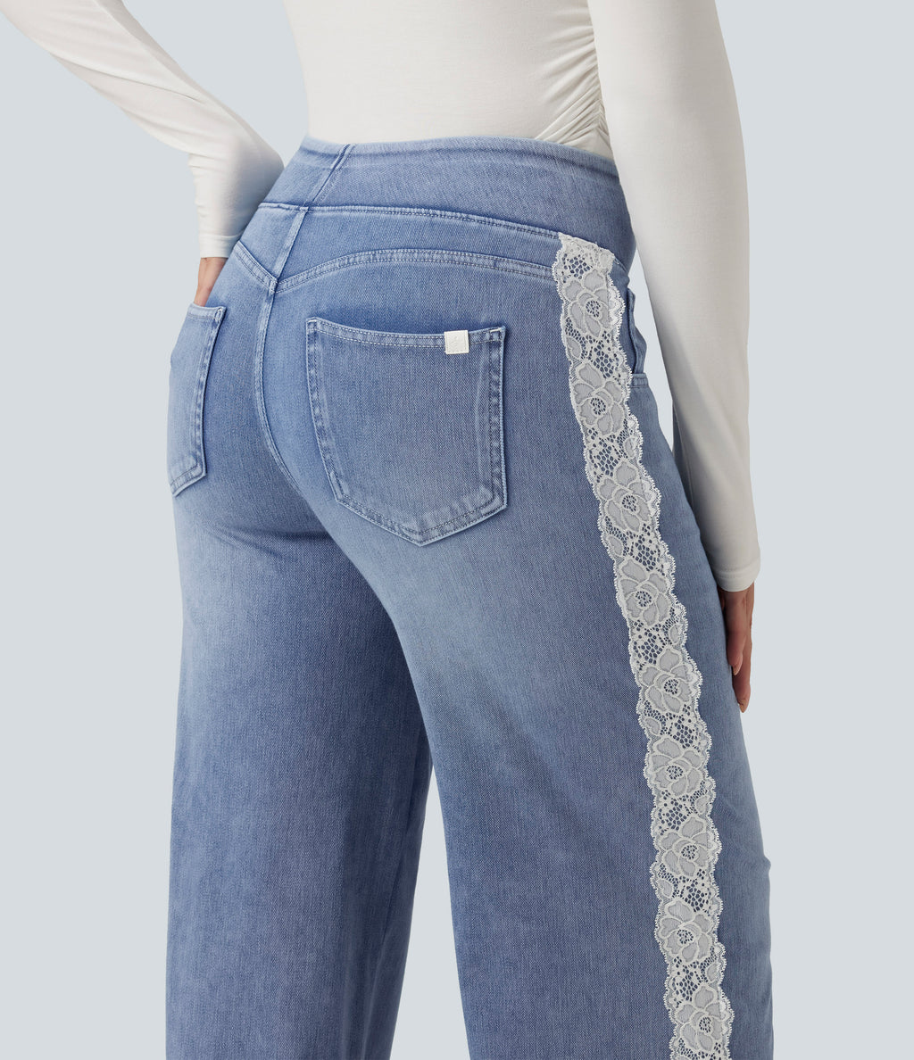 High Waisted Contrast Lace Wide Leg Casual Cotton Jeans with Pockets — Powder Blue Denim — view 5