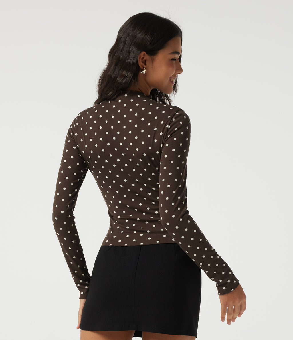 Mock Neck Long Sleeve Polka Dot Slim Casual T-Shirt — Cocoa Cream Dot — view 2