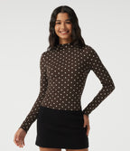 Mock Neck Long Sleeve Polka Dot Slim Casual T-Shirt — Cocoa Cream Dot — view 1