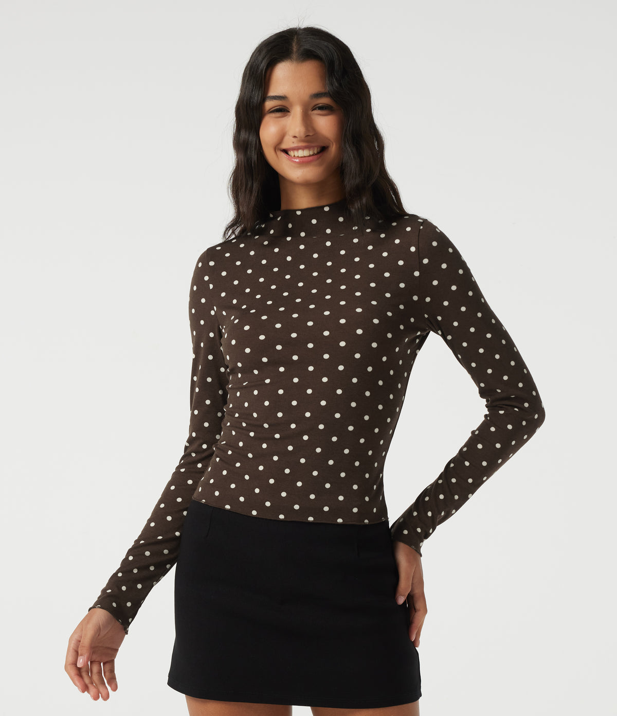 Mock Neck Long Sleeve Polka Dot Slim Casual T-Shirt — Cocoa Cream Dot — view 1