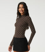 Mock Neck Long Sleeve Polka Dot Slim Casual T-Shirt — Cocoa Cream Dot — view 3