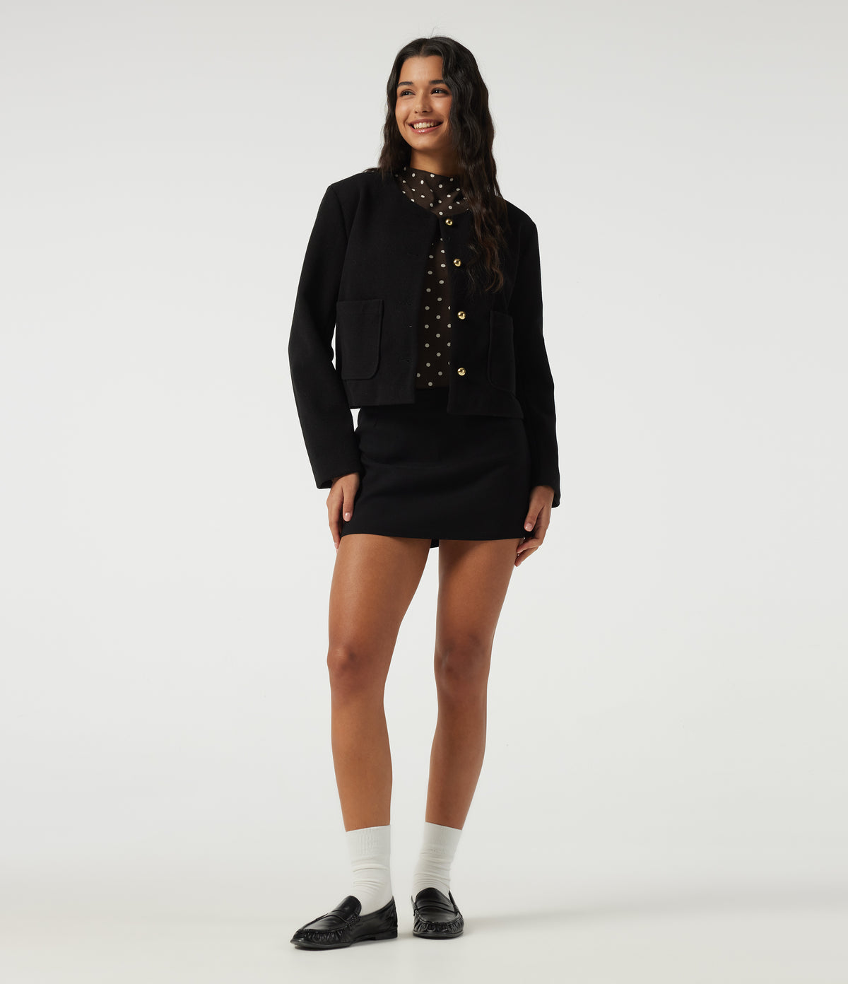 Mock Neck Long Sleeve Polka Dot Slim Casual T-Shirt — Cocoa Cream Dot — view 6
