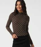 Mock Neck Long Sleeve Polka Dot Slim Casual T-Shirt — Cocoa Cream Dot — view 4