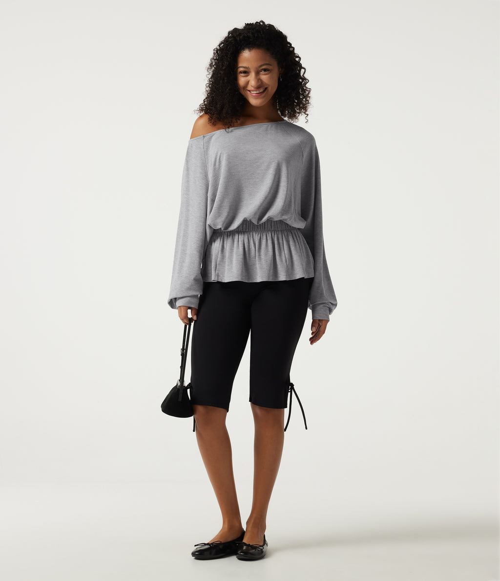 Boat Neck Batwing Long Sleeve Casual Top — Mottled Grey — view 7