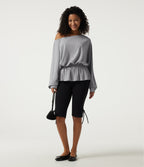 Boat Neck Batwing Long Sleeve Casual Top — Mottled Grey — view 7