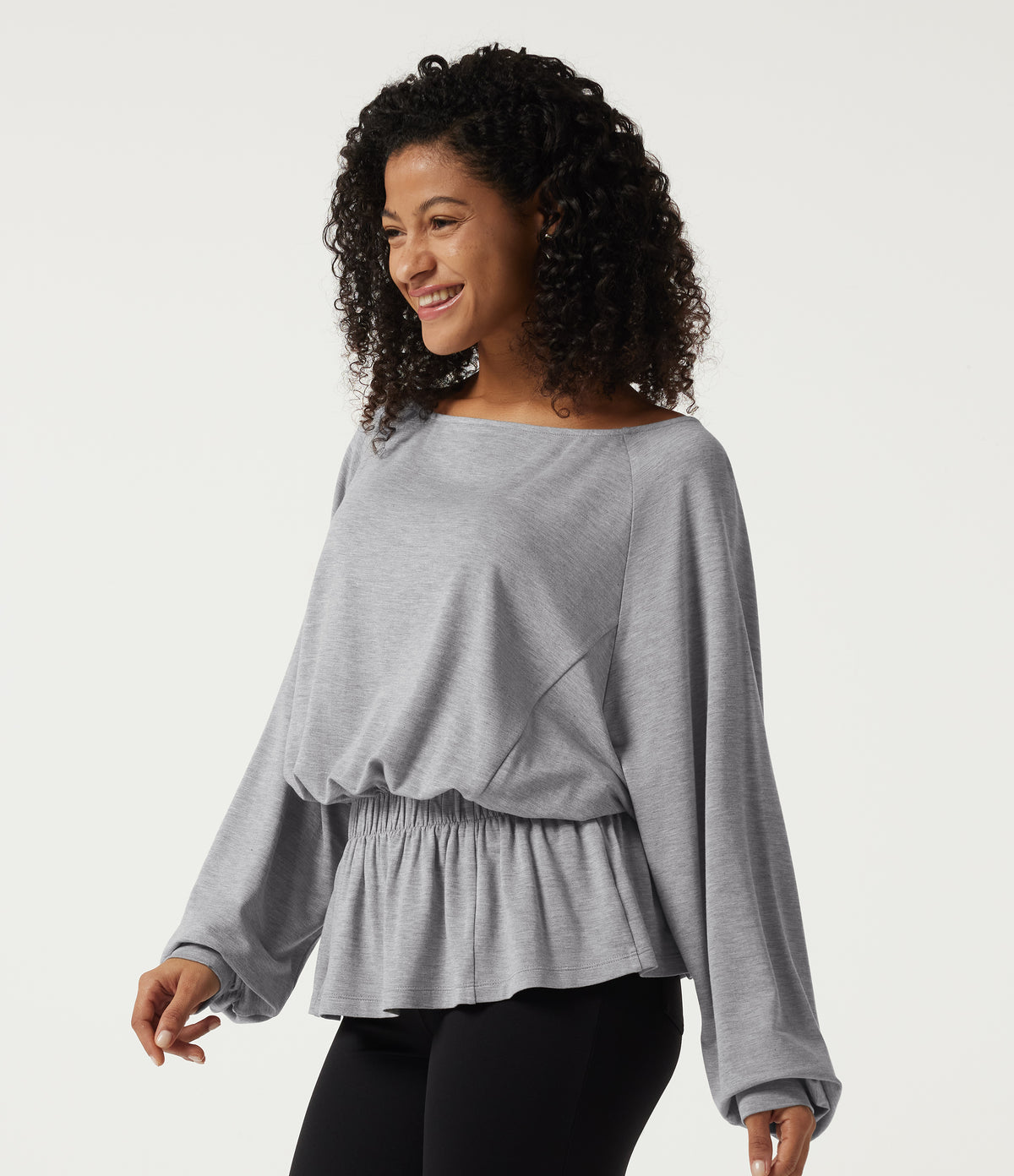 Boat Neck Batwing Long Sleeve Casual Top — Mottled Grey — view 3