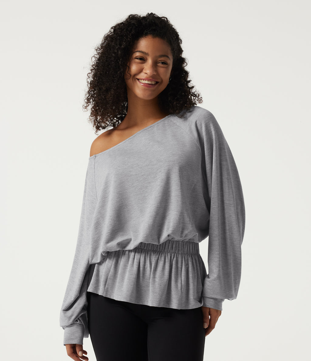 Boat Neck Batwing Long Sleeve Casual Top — Mottled Grey — view 4