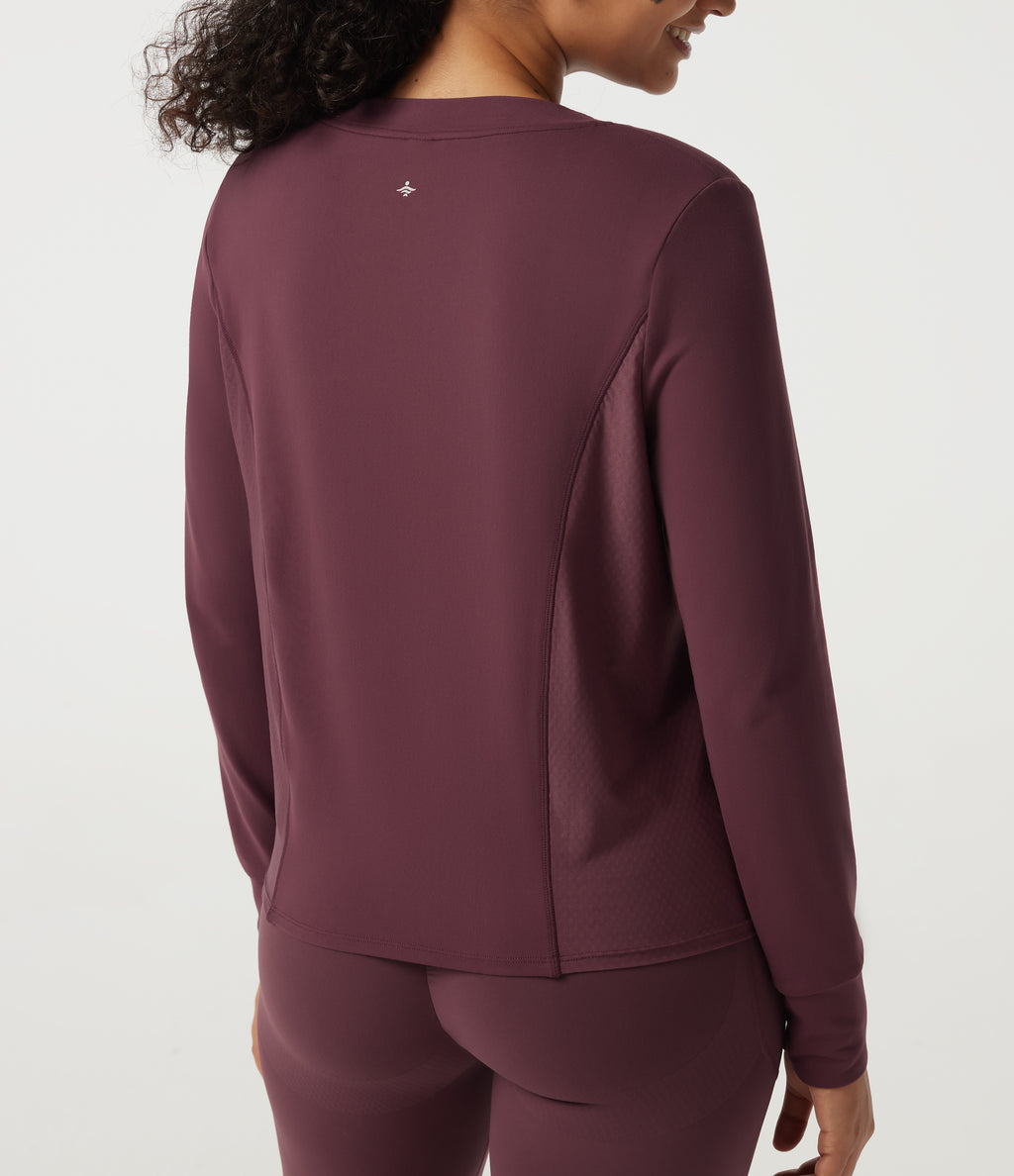 Round Neck Long Sleeve Contrast Mesh Quick Dry Workout Sweatshirt — Red Mahogany — view 5