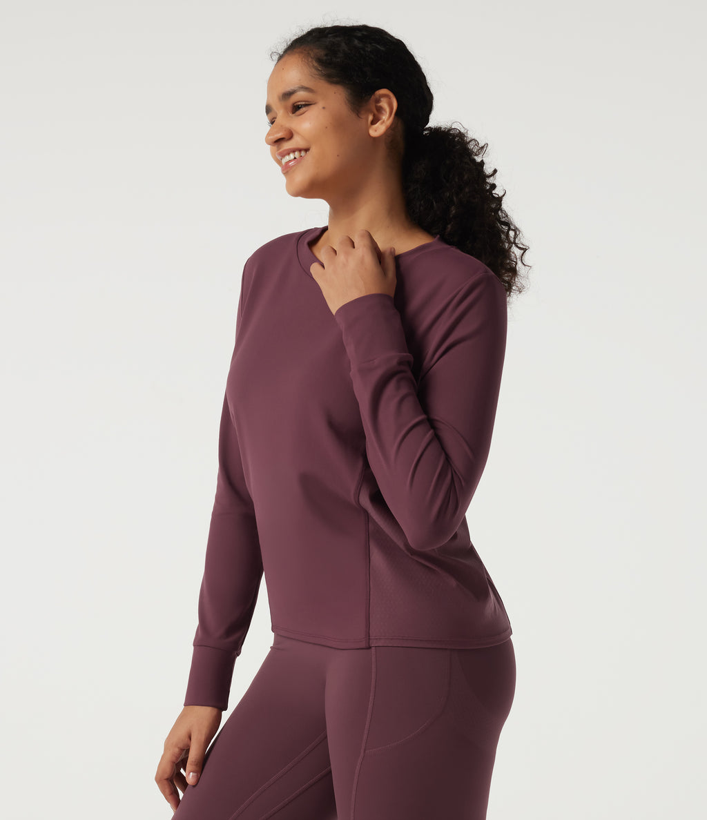 Round Neck Long Sleeve Contrast Mesh Quick Dry Workout Sweatshirt — Red Mahogany — view 4