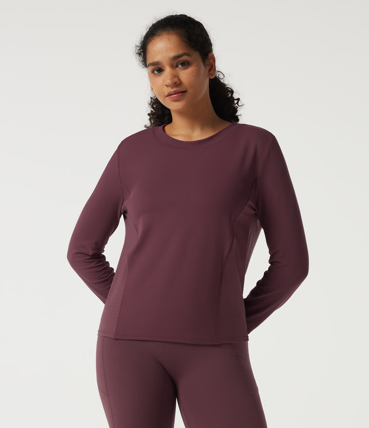 Round Neck Long Sleeve Contrast Mesh Quick Dry Workout Sweatshirt — Red Mahogany — view 1