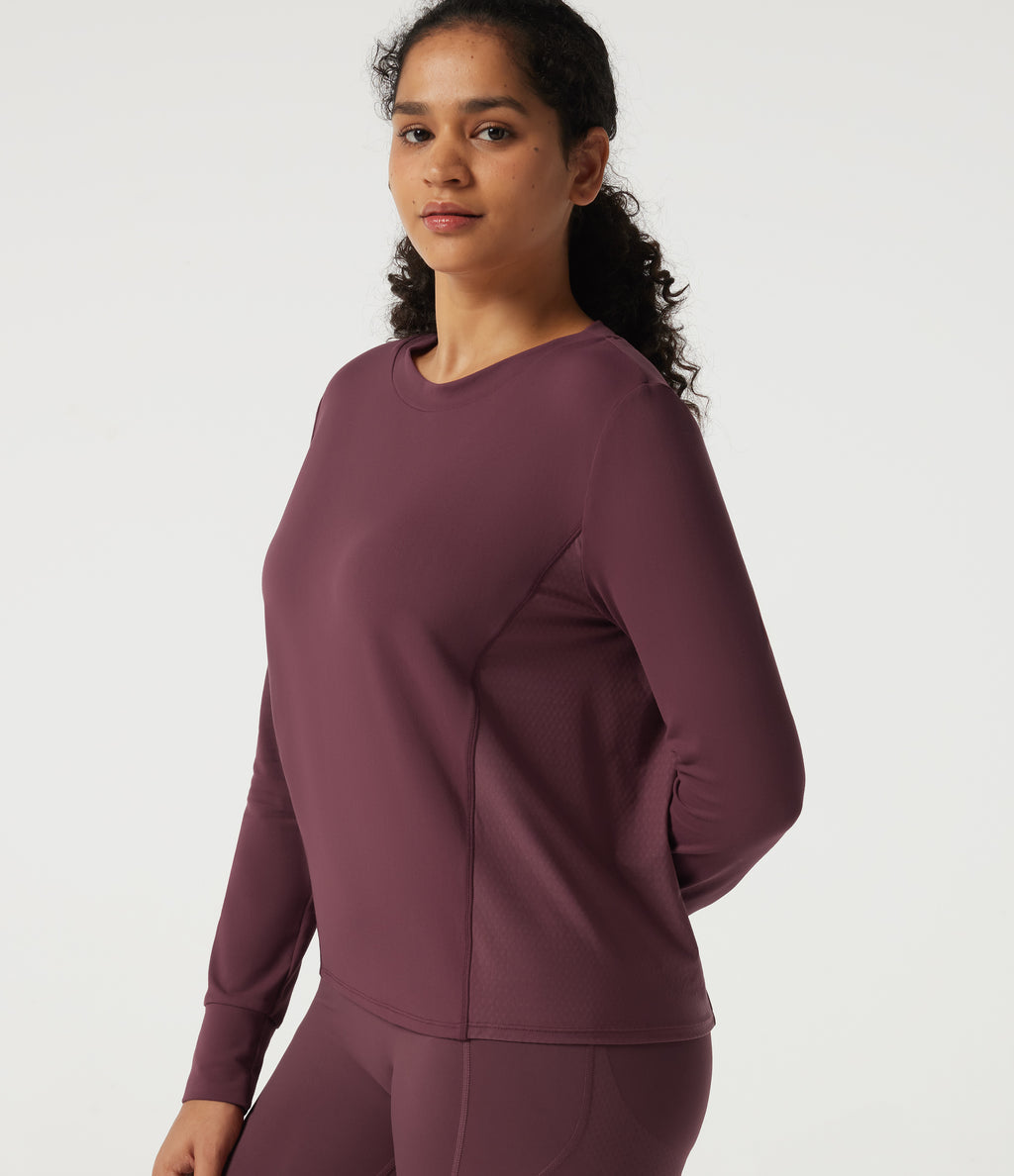 Round Neck Long Sleeve Contrast Mesh Quick Dry Workout Sweatshirt — Red Mahogany — view 3
