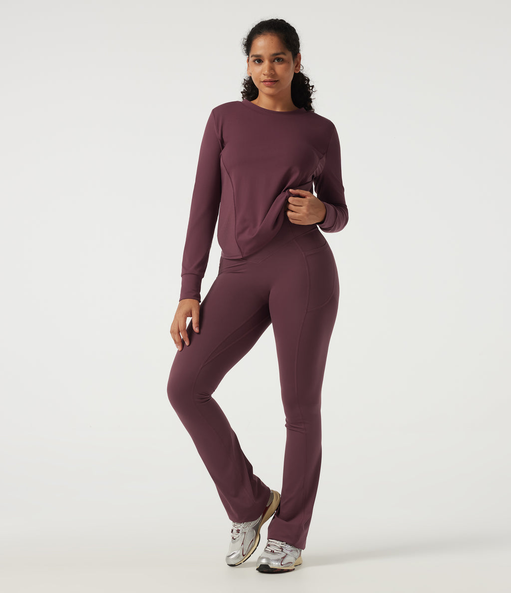 Round Neck Long Sleeve Contrast Mesh Quick Dry Workout Sweatshirt — Red Mahogany — view 8