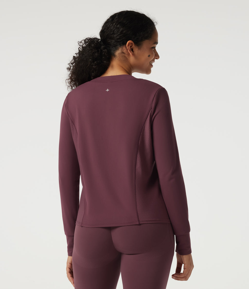 Round Neck Long Sleeve Contrast Mesh Quick Dry Workout Sweatshirt — Red Mahogany — view 2
