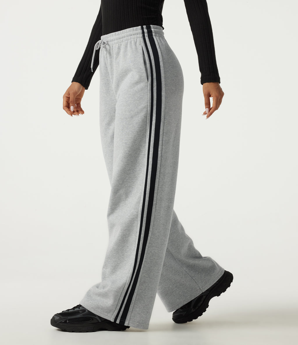 High Waisted Drawstring Wide Leg Side Stripe Fleece Cotton Casual Sweatpants with Pockets — Quiet Mist — view 1