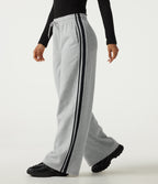 High Waisted Drawstring Wide Leg Side Stripe Fleece Cotton Casual Sweatpants with Pockets — Quiet Mist — view 1