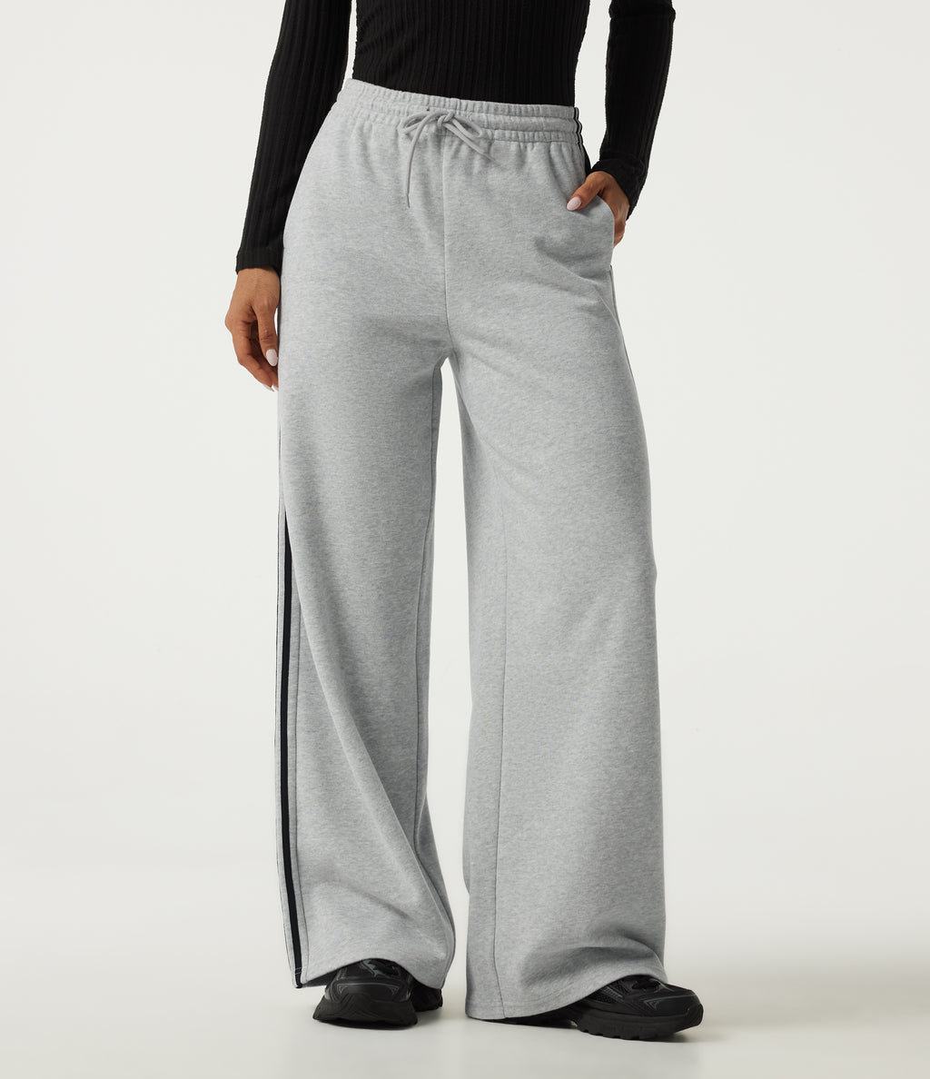 High Waisted Drawstring Wide Leg Side Stripe Fleece Cotton Casual Sweatpants with Pockets — Quiet Mist — view 3