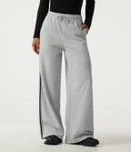High Waisted Drawstring Wide Leg Side Stripe Fleece Cotton Casual Sweatpants with Pockets — Quiet Mist — view 3