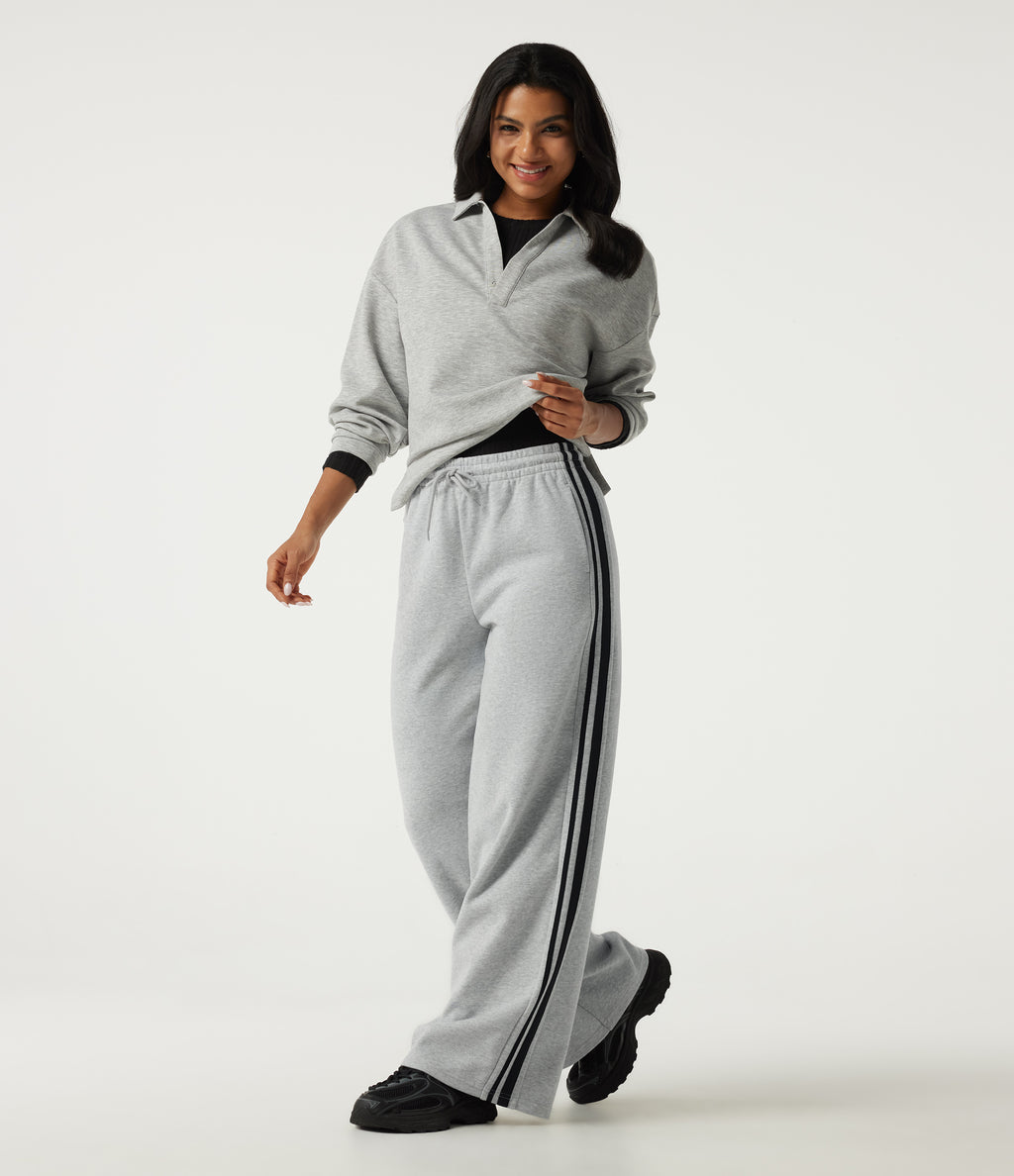 High Waisted Drawstring Wide Leg Side Stripe Fleece Cotton Casual Sweatpants with Pockets — Quiet Mist — view 7