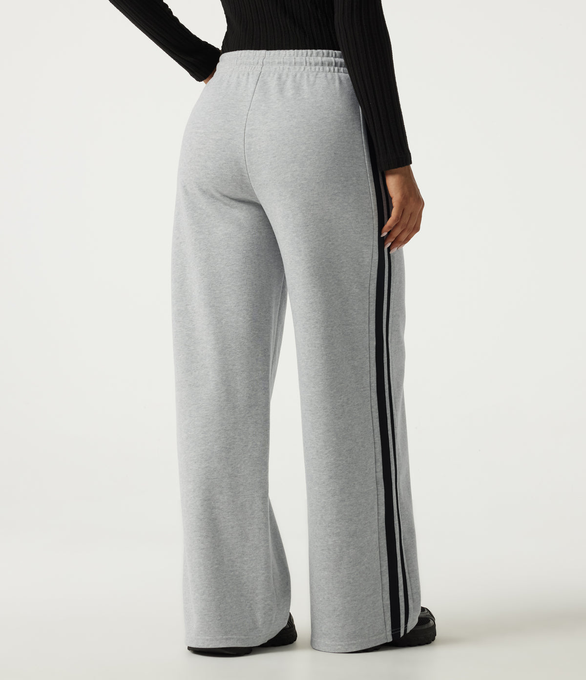 High Waisted Drawstring Wide Leg Side Stripe Fleece Cotton Casual Sweatpants with Pockets — Quiet Mist — view 2
