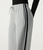 High Waisted Drawstring Wide Leg Side Stripe Fleece Cotton Casual Sweatpants with Pockets — Quiet Mist — view 6