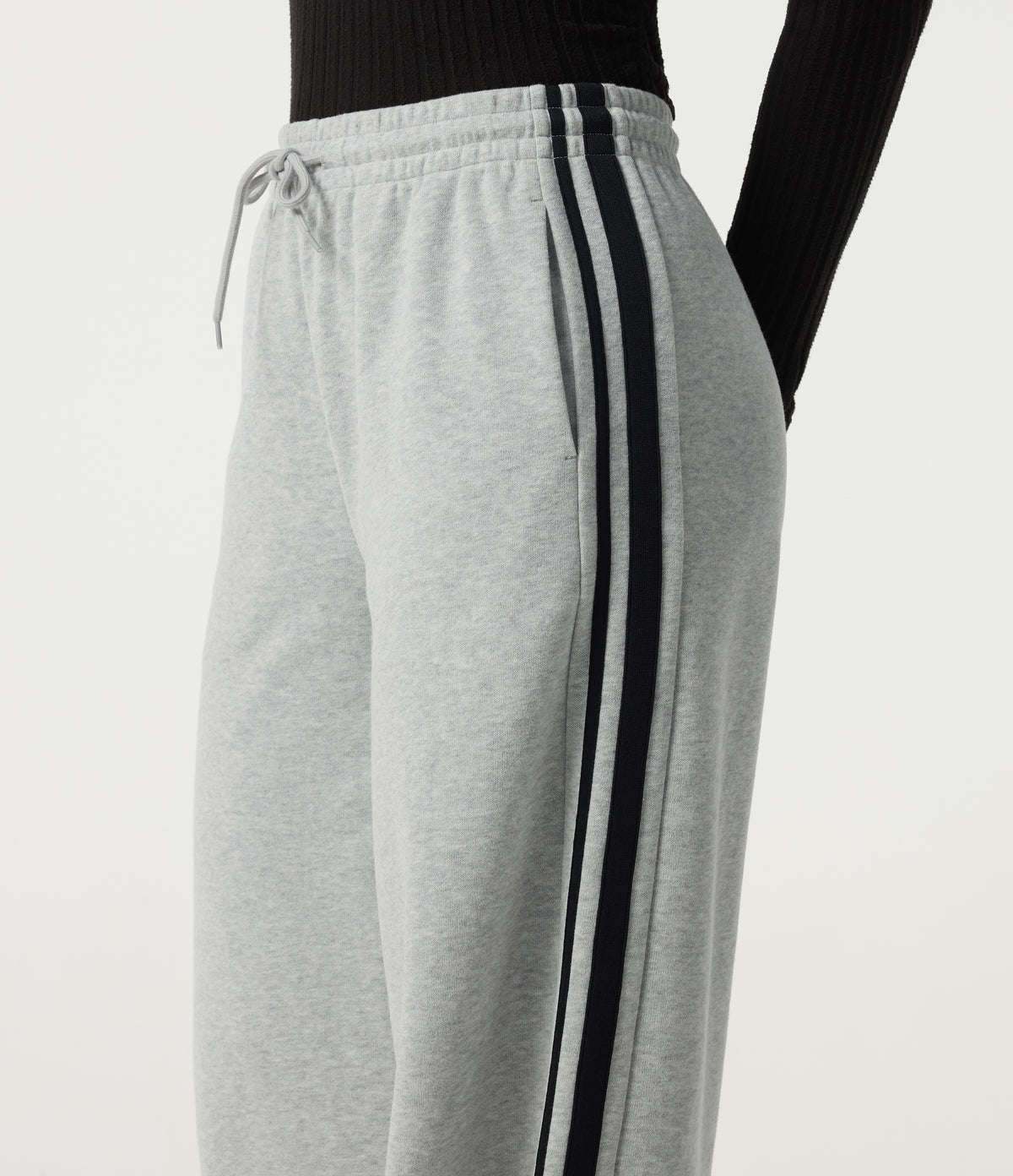 High Waisted Drawstring Wide Leg Side Stripe Fleece Cotton Casual Sweatpants with Pockets — Quiet Mist — view 6