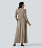 Round Neck Long Sleeve A-Line Work Maxi Dress with Pockets — Khaki Floral Yarn — view 2